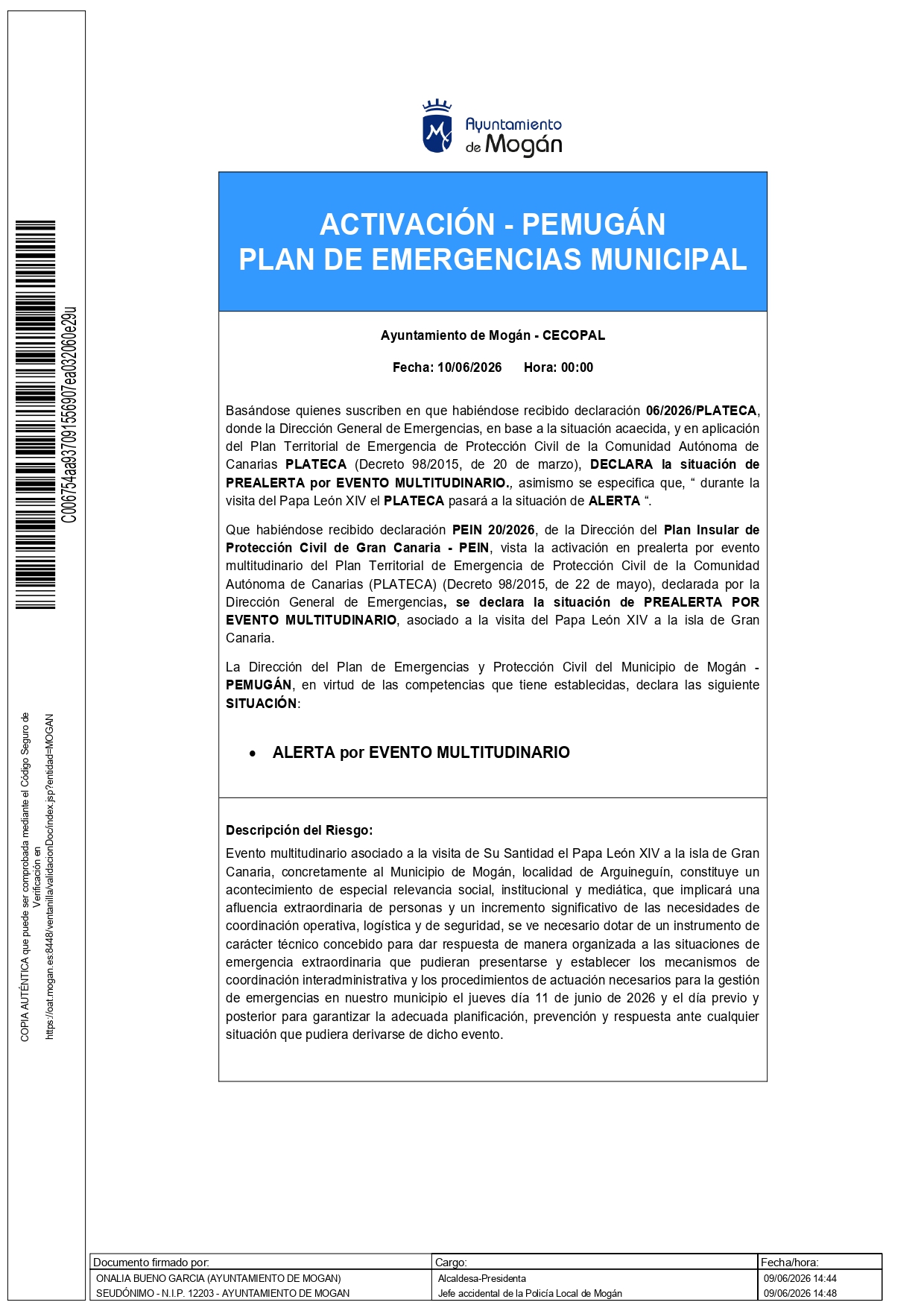 Activación del Plan de Emergencias Municipal - 001