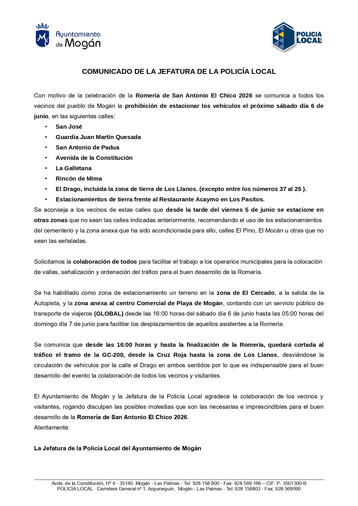Comunicado Policía Local